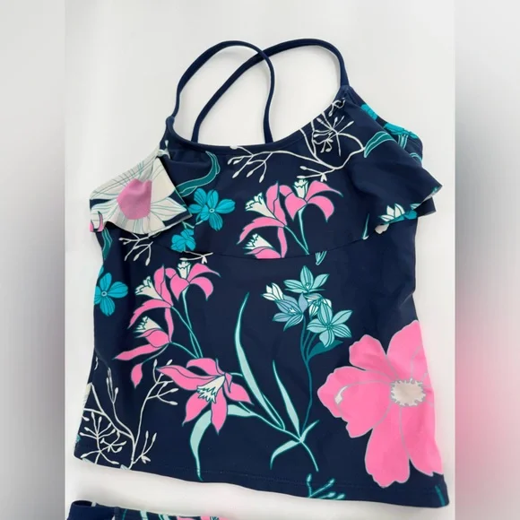 Girls Navy Floral Two-Piece Tankini Swim Set - Pink & Teal Size 12 - Picture 2 of 5
